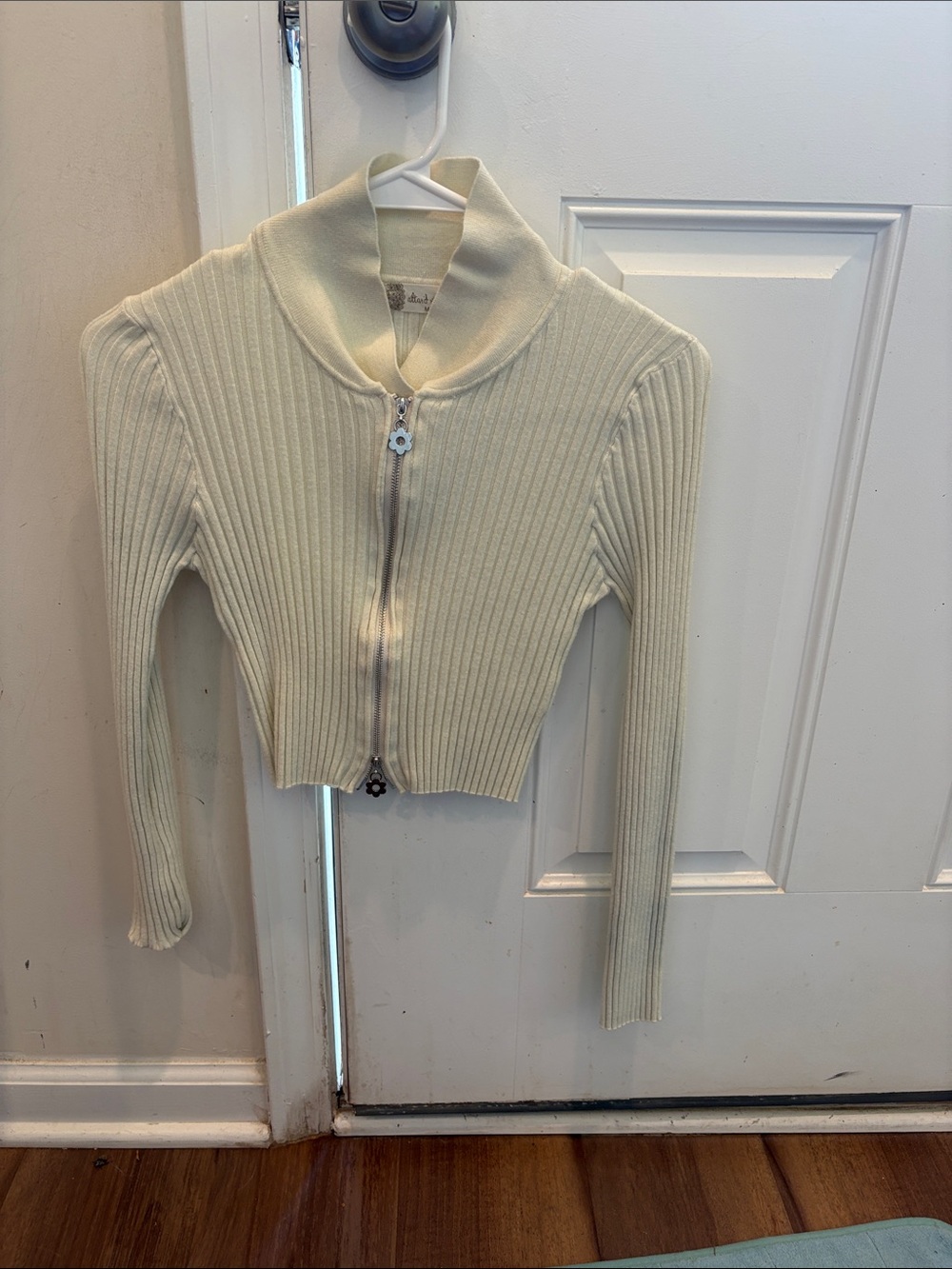 Altar'd State Ivory Ribbed Zip-Up Collared Top